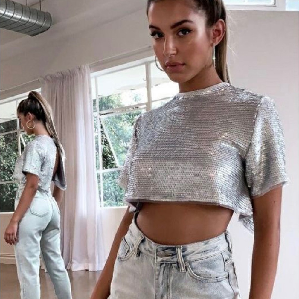White Fox Boutique Time To Shine Crop Silver Top